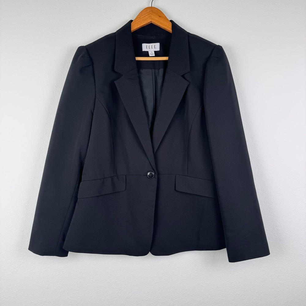Elle Blazer Women 16 Black Excellent Classic Office Professional Single Button